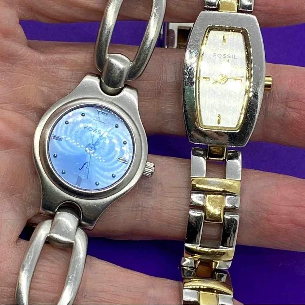 FOSSIL F2 Watches Pair Silver Gold Blue Face Womens Watches